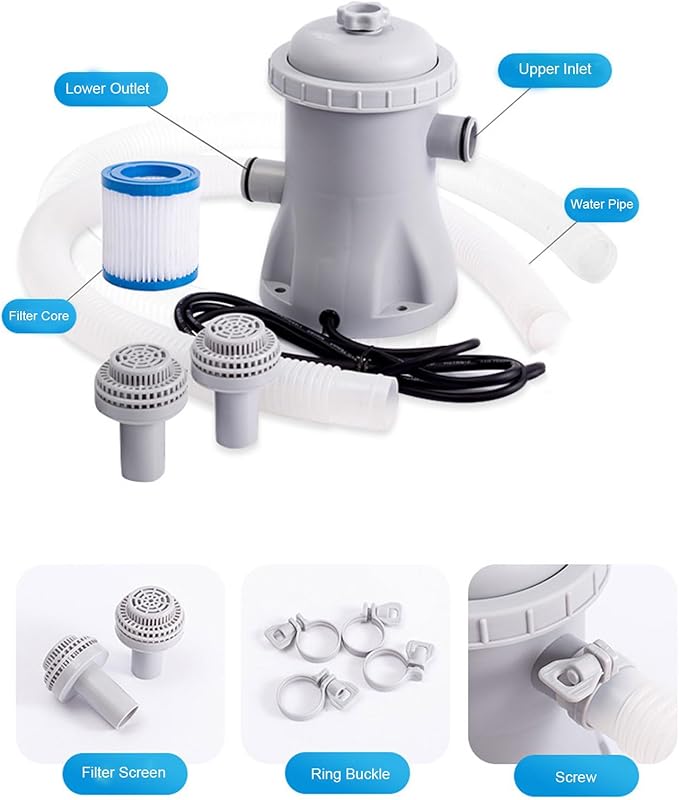 330 Gallon Pool Filter Pump for Ground Pools, Cartridge Pool Filters Pump System, Electric Swimming Pool Filter for Pools Sand Cleaning Tool Set (US Plug 110V