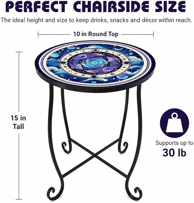 15 Inch Tall Outdoor Side Table, Metal Patio End Table with Twin Koi Fish Pattern, Rust Proof Black Small Garden Stool for Deck, Coastal Decor & Mermaid Table Gift