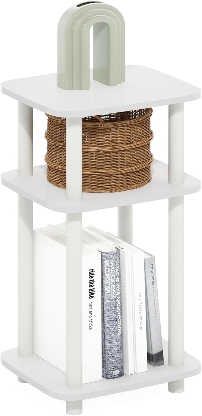 Furinno JUST Side Table, 3-Tier Turn-N-Tube End Table with Open Shelf, Round Curve Corner Night Stand, Bedside Table, Easy Assembly, for Living Room, Bedroom, White