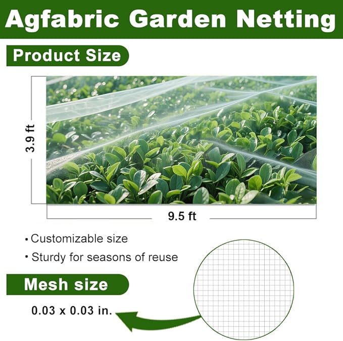 Agfabric Garden Netting 3.9x9.5' Insect Pest Barrier Netting for Garden Protection,Plant Cover Row Cover Mesh Netting for Vegetables Fruit Trees and Plants,White