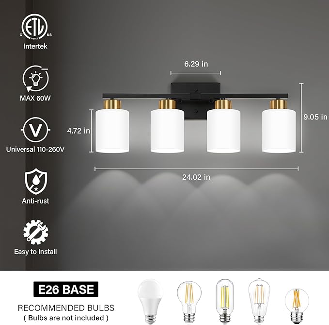 FonmYim Black and Gold Bathroom Light Fixtures, 4-Light Modern Vanity Light