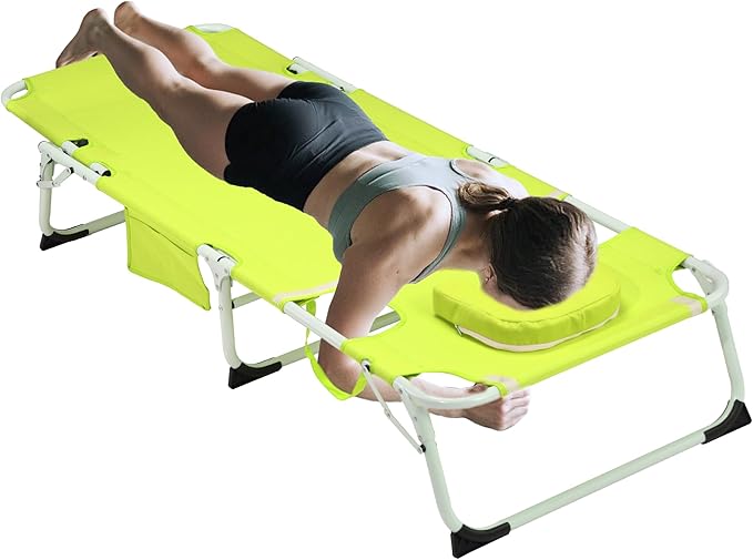 Outdoor Chaise Lounge with Detachable Pillow, Reclining Folding Chair with 5-Position Adjustable Back, Portable Tanning Chair For Beach, Pool, Lawn, Breathable Mesh Seat, No Assembly (Green 3)