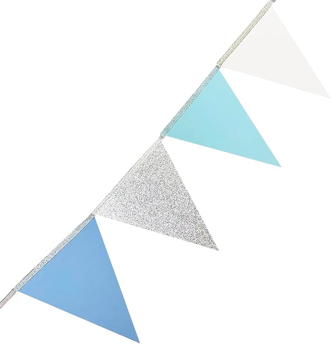 Dusty Blue Silver White Party Decorations Pennant Banner Flag Hanging Glitter Triangle Bunting for Birthday Baby Shower Graduation Bridal Shower Wedding Engagement Nautical Ahoy Achor Party Supplies