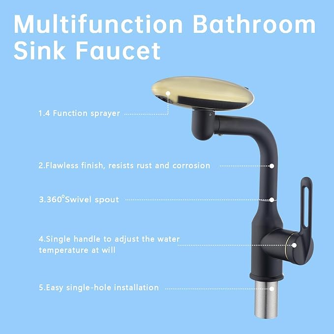 Single Hole Rotatable Bathroom Sink Faucet Black and Gold - 4 Water Modes Multifunctional Faucet with 360° Swivel, Extended Spout & Fountain Mode