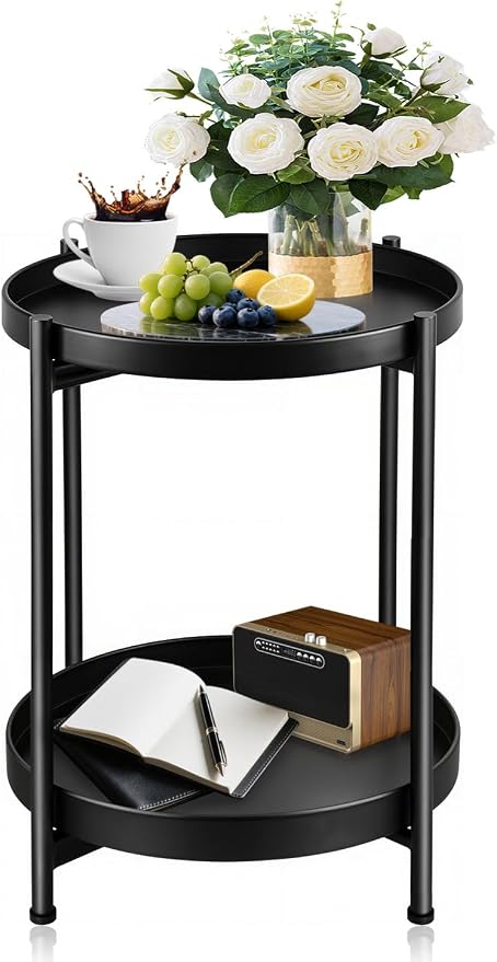 Foldable 2-Tier Round Side Table, Metal End Table with Storage for Indoor Outdoor Use, Small Coffee Table for Living Room, Bedroom, Patio, Black