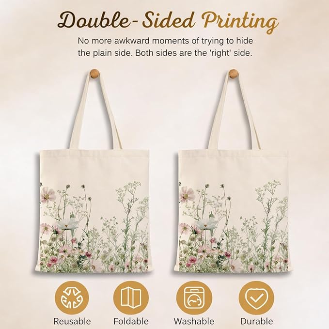Floral Canvas Tote, Women Weekend Bags, Reusable Grocery Canvas Bag, Large Two Sided Printing Tote Bags