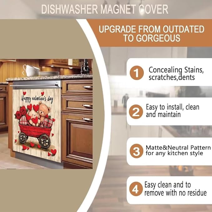 Happy Valentine's Day Kitchen Decor Dishwasher Magnet Cover Decal, Rustic Wood Red Wagon Magnetic Dish Washer Panel Door Vinyl Sticker, Refrigerator Magnets,Easy to Clean, 23 x 26 inch