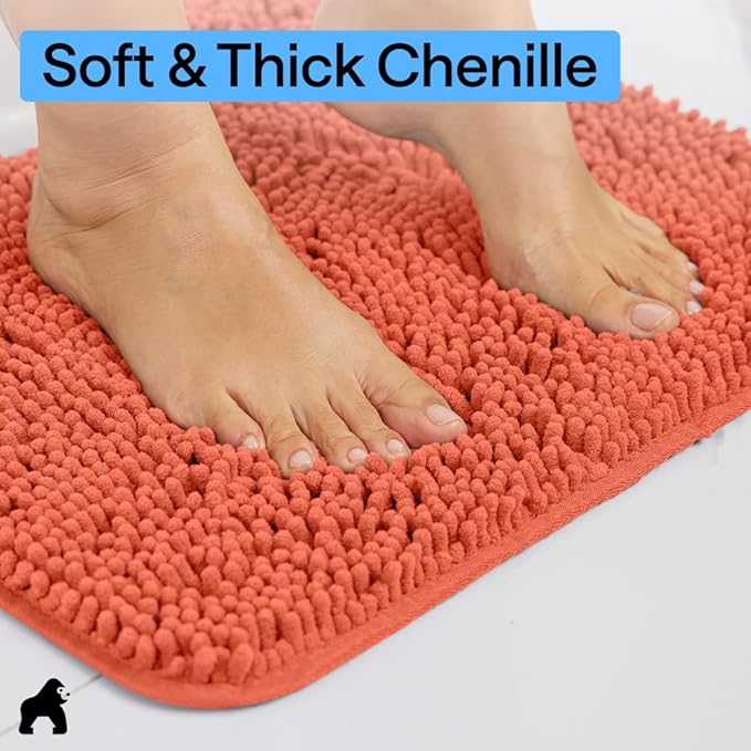 GORILLA GRIP Plush Absorbent Shaggy Chenille Bath Rug Mat for Square Toilet Base with Rubber Backing, Machine Washable Rugs, Soft Microfiber Contour Mats for Toilets, Bathroom Decor, Coral