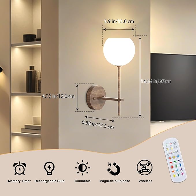 Walnut Grain Battery Operated Wall Sconces Set of 2, Rechargeable Wireless Wall