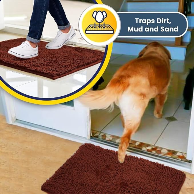 Muddy Mat® | Super Water Absorbent Door Mat Indoor, Microfiber Quick Dry Chenille Entryway Rug, Slip Resistant Front Door Mat, Indoor Mats for Entryway, Machine Washable Pet Rug, Brick Red 3ft x 3ft