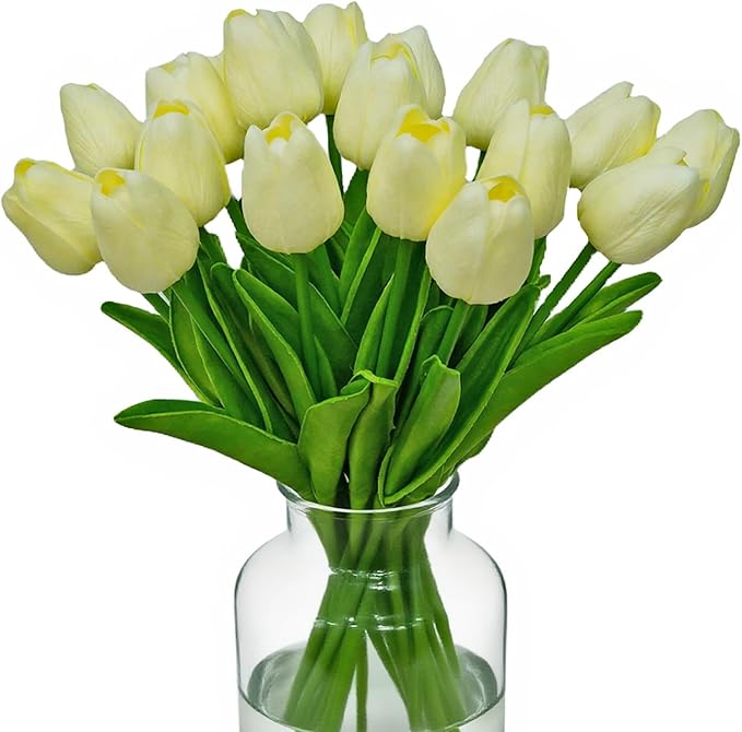 20pcs Fake Tulips Artificial Flowers Faux Flowers PU Faux tulips 13.5 Inch Mother's Day Easter Valentine’S Day Gifts in Home Kitchen Spring Decorations For Home (Cream)