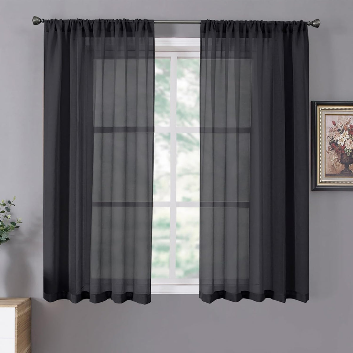 Tollpiz Short Sheer Curtains Linen Textured Bedroom Curtain Sheers Light Filtering Rod Pocket Voile Curtains for Living Room, 54 x 45 inches Long, Black, Set of 2 Panels