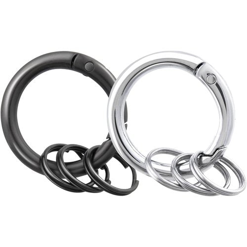 Mxxipp 2pcs Spring O Ring with Key Rings, Alloy Round Spring Keychain Clips, Small Circle Carabiner Snap Hook Replacement for Purse Bag DIY Crafts- Black & Gray