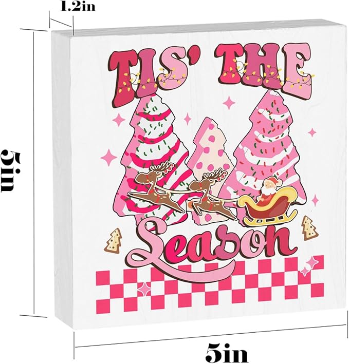 Pink Christmas Decorations for Home Tis the Season Sign Christmas Decor for Office Room Merry Xmas Decorations Table 5 x 5 Inches