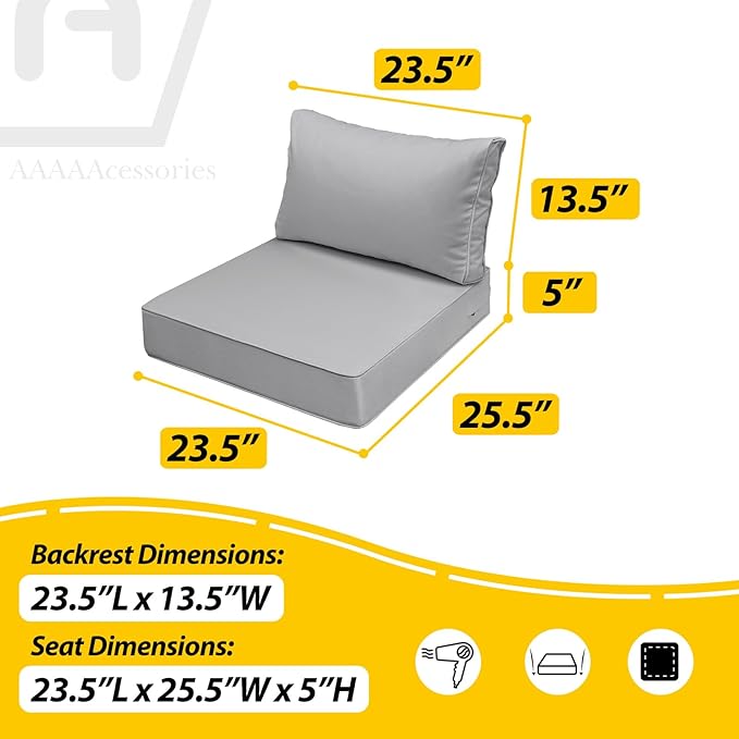 AAAAAcessories Outdoor Seat Cushions for Chairs, Fade-Resistant, Waterproof Patio Furniture Replacement Cushions, 23.5" x 25.5" x 5" + 23.5" x 13.5", Gray