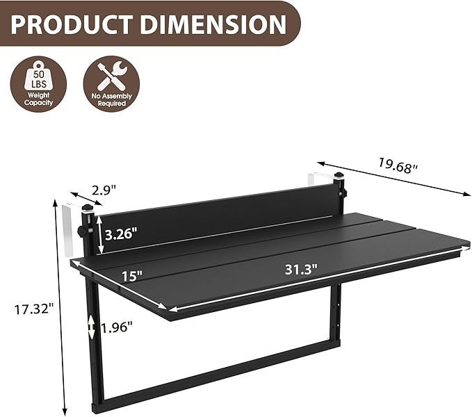 Sundale Outdoor 32" Large Folding Balcony Table for Railing, Patio HDPE Bar Adjustable Hanging Table for Baluster Garden Deck, Black