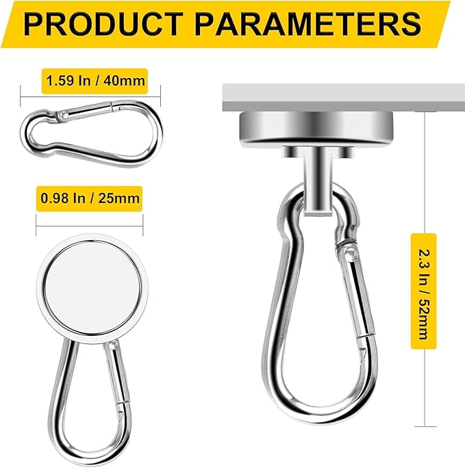 DIYMAG Magnetic Hooks, 70LBS Heavy Duty Neodymium Magnetic Hooks with Swivel Carabiner Hook,Great for Your Refrigerator and Other Magnetic Surfaces, Pack of 15