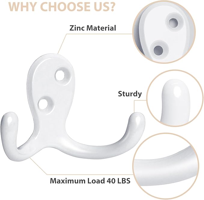 Homanu 10 Pack Coat Hooks, Heavy Duty Double Prong Coat Hooks Wall Mounted