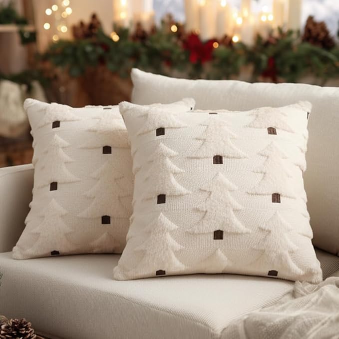 GEEORY Christmas Pillow Covers 24x24 Inch Set of 2, Christmas Decorations Xmas Tree Soft Plush Fluffy Faux Fur Decorative Throw Pillows Farmhouse Winter Cushion Case Beige Brown GC034-24