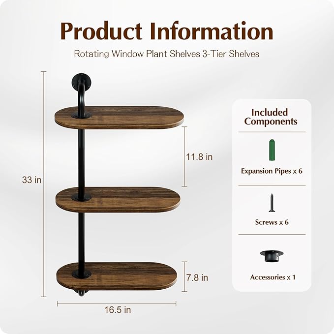 Rotating Window Plant Shelves 3-Tier, Wooden Window Shelf