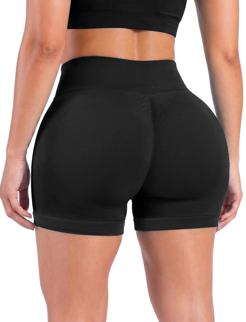 RIOJOY Womens Workout Shorts 4" Seamless High Waisted Scrunch Sports Yoga Fitted Short Tummy Control Running Biker Athletic No Front Seam Pants Soft Lightweight Booty Leggings Black S