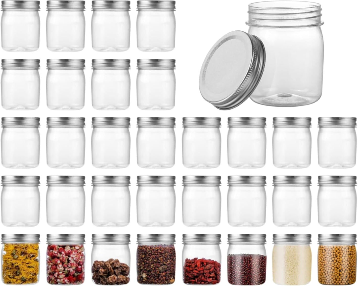 Plastic Mason Jars Reusable Storage Containers with Silver Airtight Lid 8 Ounce Clear Jars for Dry Foods, Coffee,BPA Free (32 Pack-Sliver)