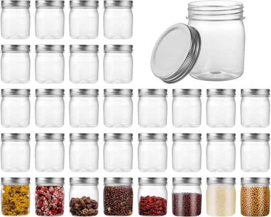 Plastic Mason Jars Reusable Storage Containers with Silver Airtight Lid 8 Ounce Clear Jars for Dry Foods, Coffee,BPA Free (32 Pack-Sliver)