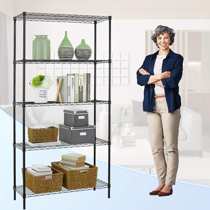 5 Shelf Wire Shelving Unit Garage NSF Wire Shelf Metal Large Storage Shelves Heavy Duty Height Adjustable Utility Commercial Grade Steel Layer Shelf Rack Organizer 1250 LBS Capacity -14x36x72,Black