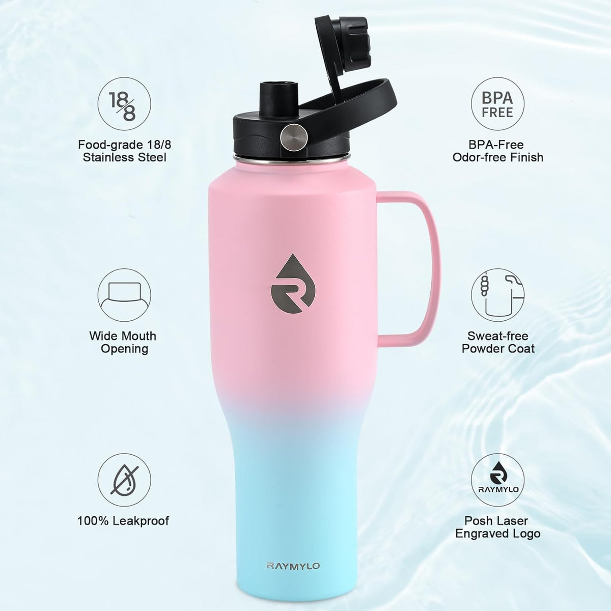 RAYMYLO Insulated Water Bottle - 40oz Stainless Steel Flask with Handle & Straw Lid | Keeps Drinks Cold for 48 Hrs