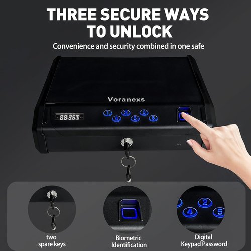 gun safe，with 3 Quick-Access Fingerprint，Passcode，Key.with LCD Display，with Pistol Safe Handgun Safe, Hand Gun Lock Box for Home Drawer Car Bedside Nightstand