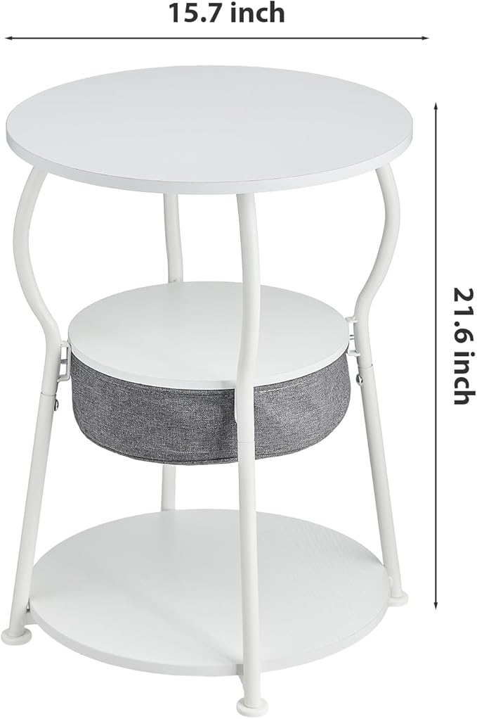 Small Round Side Table with Storage Bag, 3-Tier Accent Round End Table with Storage Shelves for Living Room, 21.6" H Vintage Small Corner Table for Smalls Spaces (D - 15.8 in White)