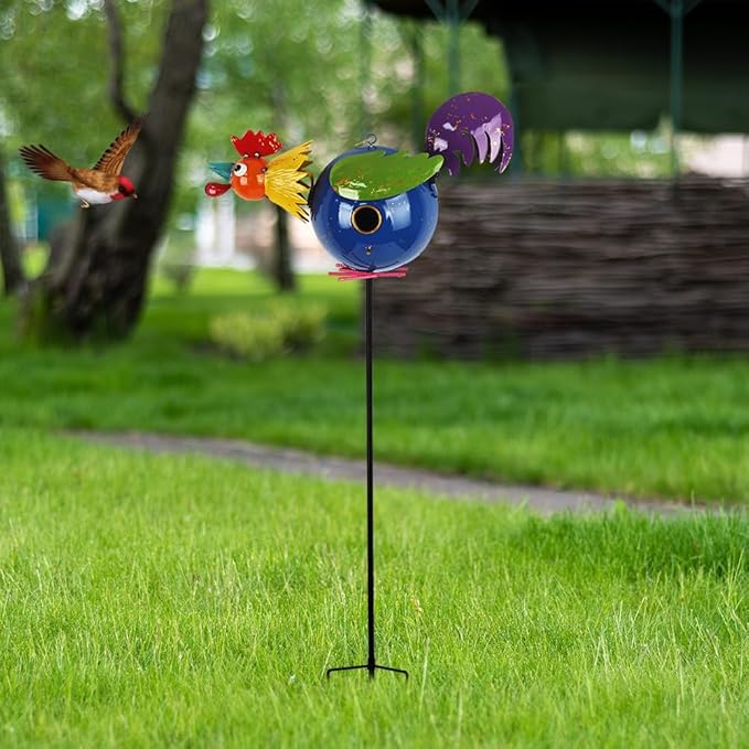 37" Bird Houses for Outside, Outdoor Metal Rooster Birdhouse with Hanging String & Poles for Patio, Yard, Garden