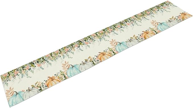 Fall Table Runner Blue Pumpkin Colorful Eucalyptus Leaves Thanksgiving Orange Green Watercolor Illustration Decor for Farmhouse Indoor Outdoor Party Holiday Dining Kitchen Restaurant Cafe W13xL108in