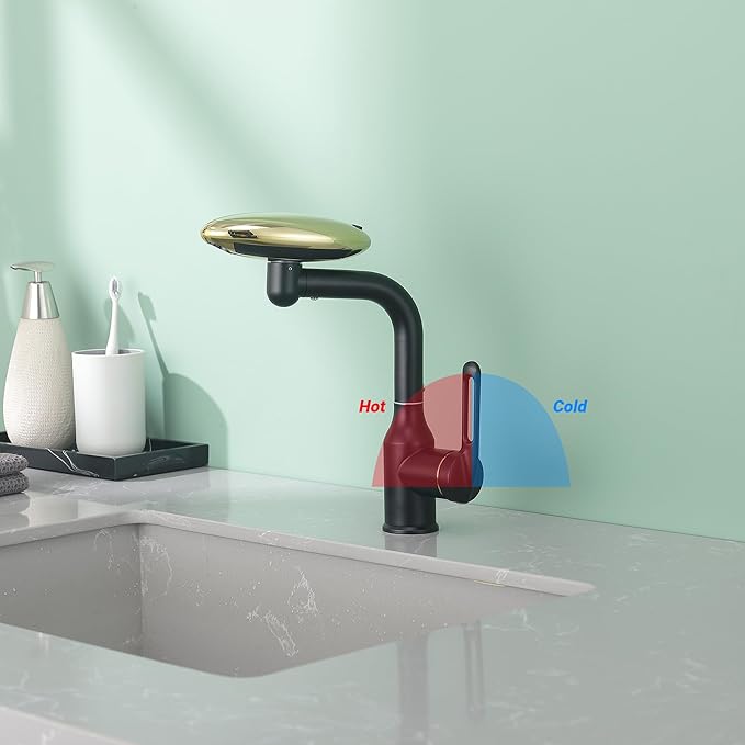 Single Hole Rotatable Bathroom Sink Faucet Black and Gold - 4 Water Modes Multifunctional Faucet with 360° Swivel, Extended Spout & Fountain Mode