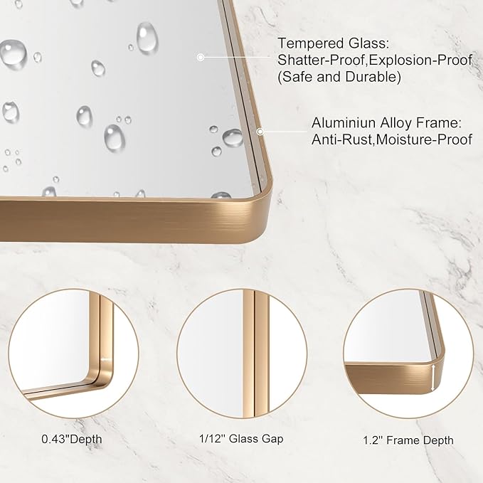 LOAAO 20”X30” Gold Bathroom Mirror, Rounded Rectangle Gold Frame Mirror