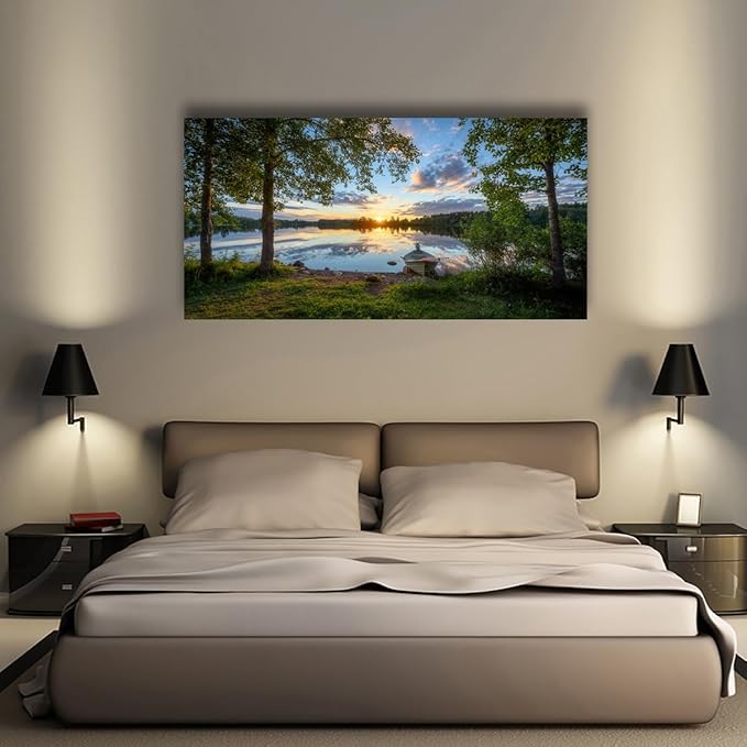 Tree Canvas Wall Art of a Sunrise Over a Forest Lake 24x48inches Nature Inspired Painting Perfect for Wall Decoration in Living Room and Bedroom Trees and Landscape Picture Artwork Prints