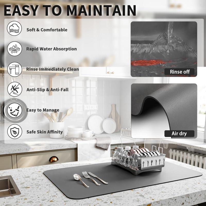 Dish Drying Mat for Kitchen Counter, Heat Resistant Drainer Mats with Non-slip Rubber Backed, Hide Stain Kitchen Super Absorbent Draining Mat, Easy to Clean Dish Rack Pad, Dark Grey 16"x20"