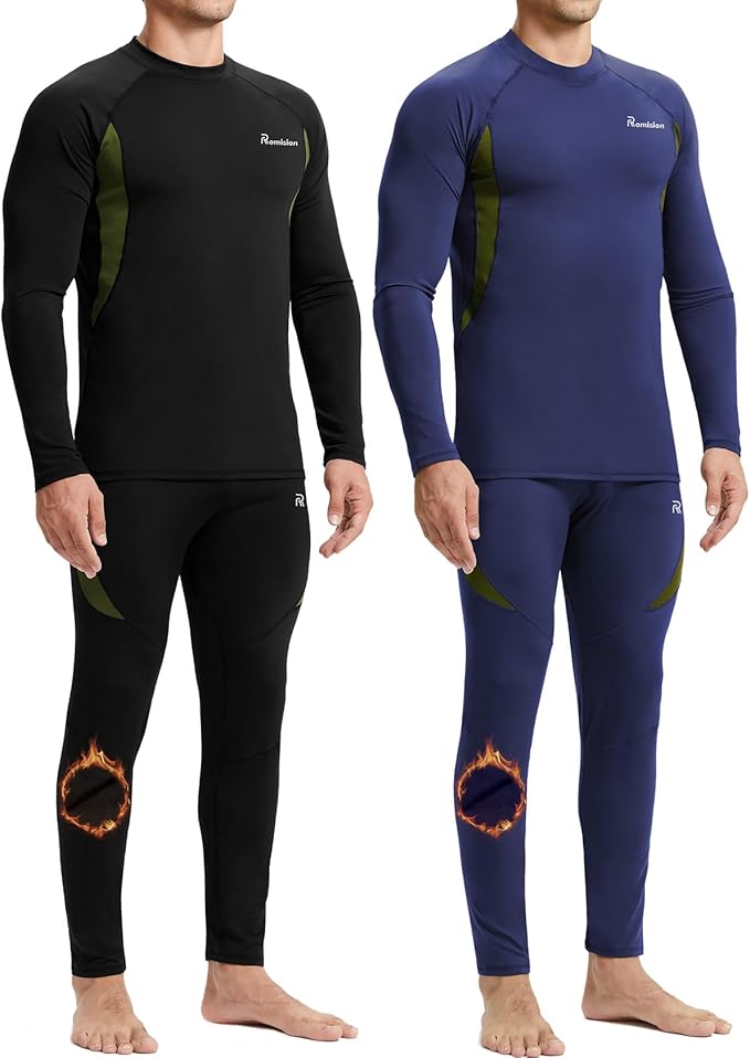 romision 2 Pack Thermal Underwear for Men Long Johns Fleece Lined Hunting Gear Bottom Top Set Base Layer Cold Weather XS-4XL