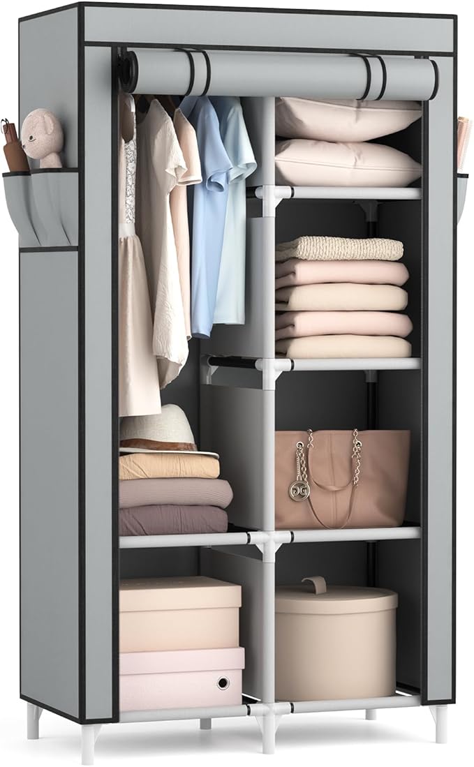 ROJASOP Portable Closet Wardrobe Closet for Hanging Clothes with 6 Storage Shelves, 1 Hanging Rod and 4 Pockets, Clothes Organizer and Storage Wardrobe Free Standing Closet for Bedroom, Grey