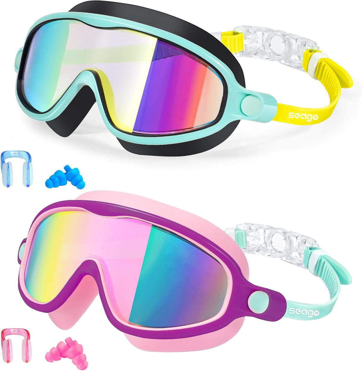 Seago Swim Goggles - Anti-Fog, Anti-UV, Wide View for Kids Ages 3-14 | 2 Pack