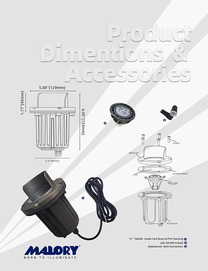 MALORY Brass Top Cover Landscape Well Lights,(6''H) 12V Low Voltage Outdoor In Ground Lights,Anti-Glare Landscape Lighting with 5W 450ML MR16 for Pathway, Driveway (Shield Top, 4-Pack with Bulb)