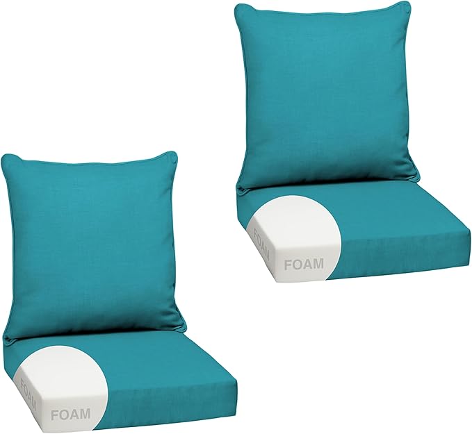 Arden Outdoor Foam Deep Seat Cushion Set (2-Pack), 24x24, Premium High-Density Foam, Never Flattens, Weather-Proof for Patio Chair Sofa Couch, Lake Blue Leala