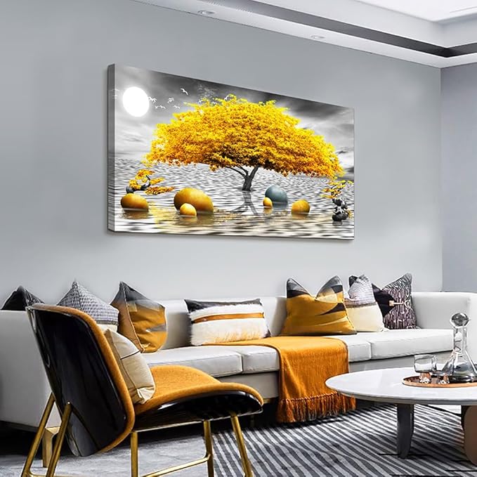 Wapluam Black And White Wall Art - Framed Canvas Wall Decor For Living Room, Office, Bedroom - Large Artwork - 20" X 40" - Yellow Tree View