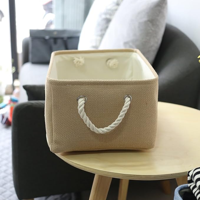 TheWarmHome Decorative Basket Rectangular Small Storage Basket Fabric Storage Bin Organizer Basket with Handles for Clothes Storage (Beige, 11.8L??7.9W??5.2H inch)