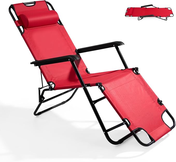 Outvita Folding Chaise Lounge Chair, Outdoor Adjustable Recliner Chair with Pillow for Camping, Beach, Poolside, Garden, Backyard, Lawn