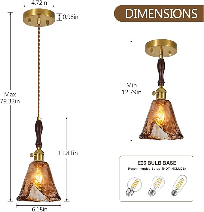 Brown Glass Vintage Pendant Light 6.18" Handmade Glass Pendant Lights Kitchen Island Gold Hanging Light Fixture for Bedroom Dining Room Hotel (3 Pack)
