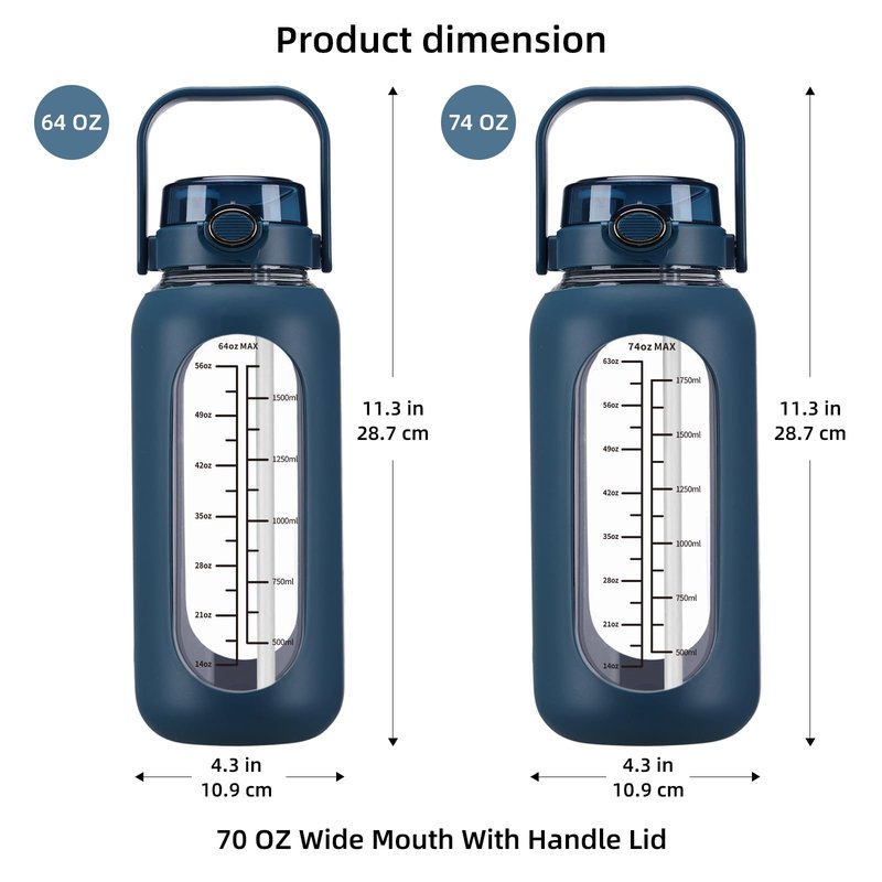 chunmo 74 oz Glass Water Bolttles with Straw Large Motivational Water Bottle with Time Marker Sports Water Bottles with Silicone Sleeve and Handle Lid 2.2L Water Jug for Gym Workout