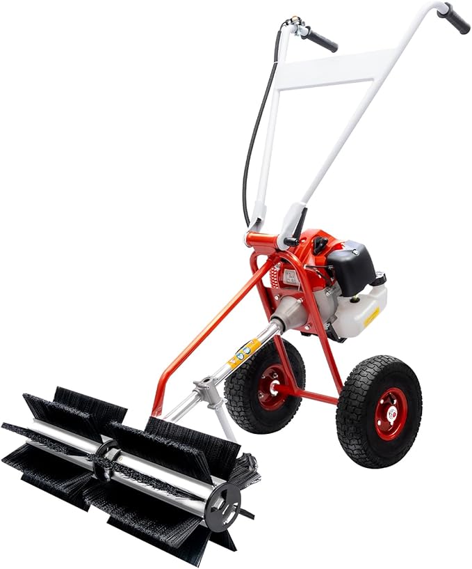 43CC 2-Stroke 1.7HP Portable Gas Power Held Sweeper Broom,1250W Artificial Grass Brush Power Broom Handheld Turf Lawn Sweepers Tool W/ 2Large Wheels for Cleaning Leaves Snow Gravel