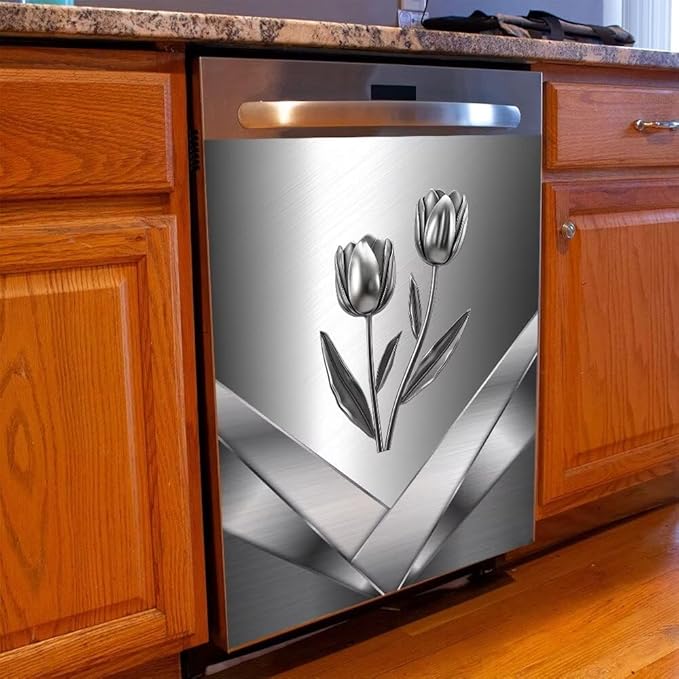 Stainless Steel Design Flower Pattern Magnetic Dishwasher Stickers Cover for Front Door,Refrigerator Magnetic Cover Kitchen Decorative,Home Appliance Vinyl Sticker 23W x 26H inchs