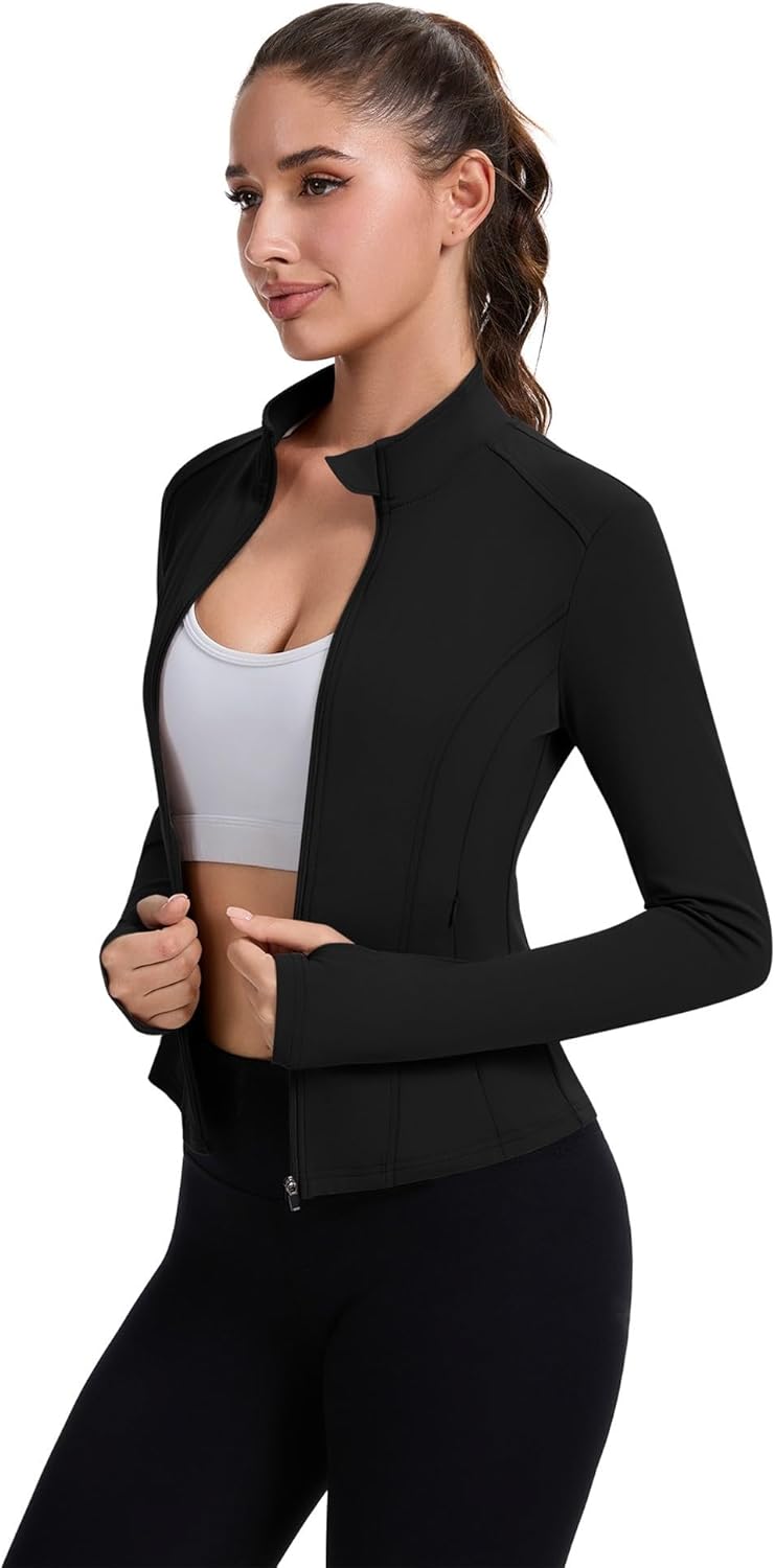 ZHENWEI Women's Workout Jacket - Lightweight Full Zip Cropped Athletic Top with Pockets